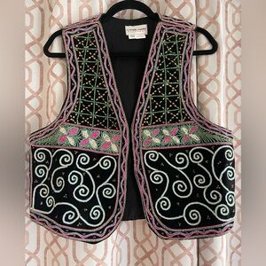 Vintage Embroidered Black Vest with Pink and Green Accents